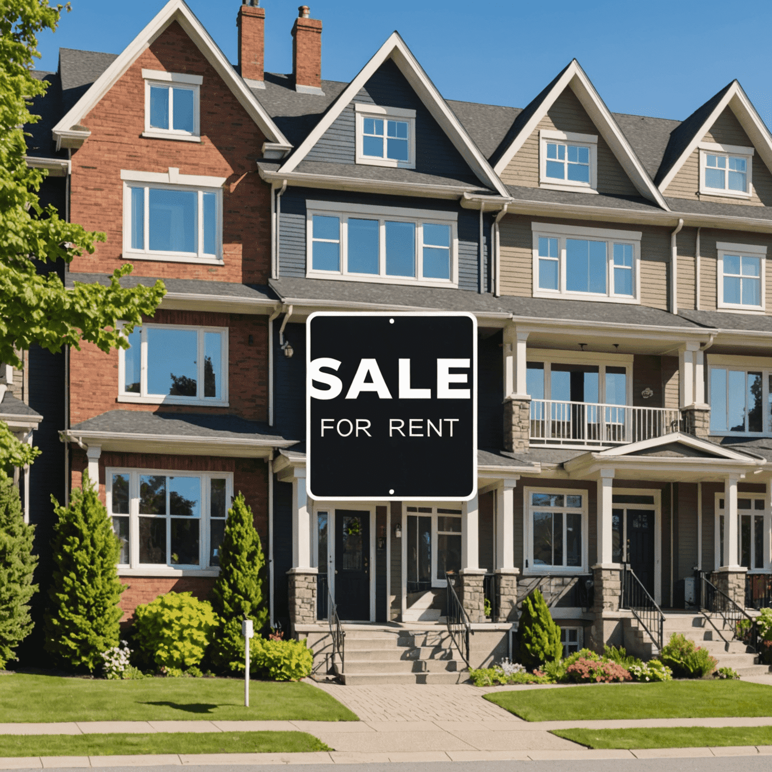 Collage of Canadian houses and apartments with 'For Sale' and 'For Rent' signs