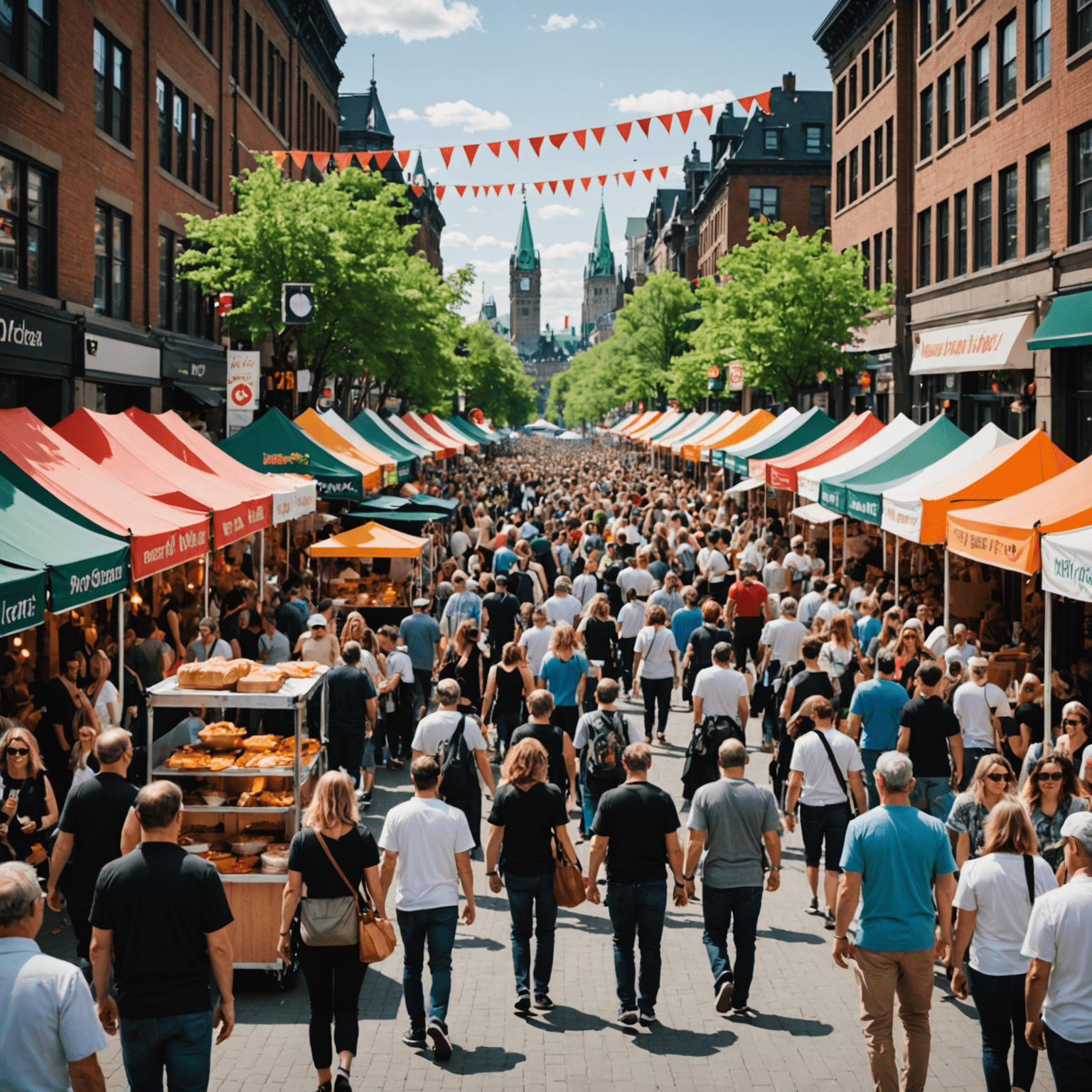 Bustling street festival in a Canadian city with food stalls, performers, and crowds